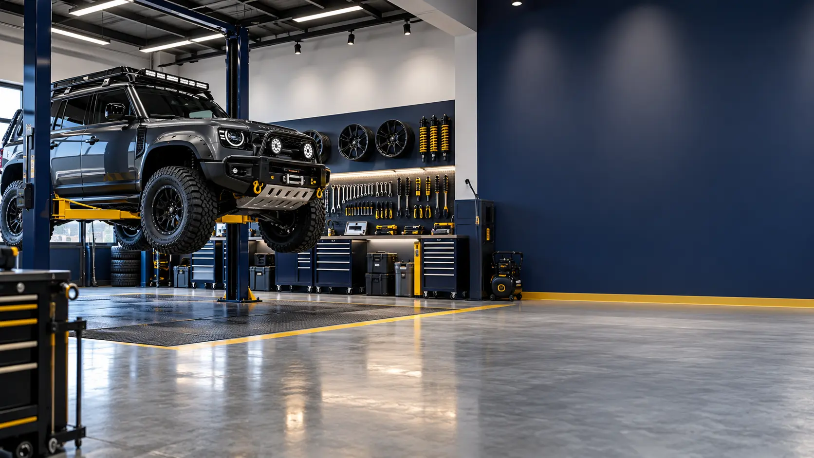 Modern car customisation workshop interior with vehicle on hydraulic lift