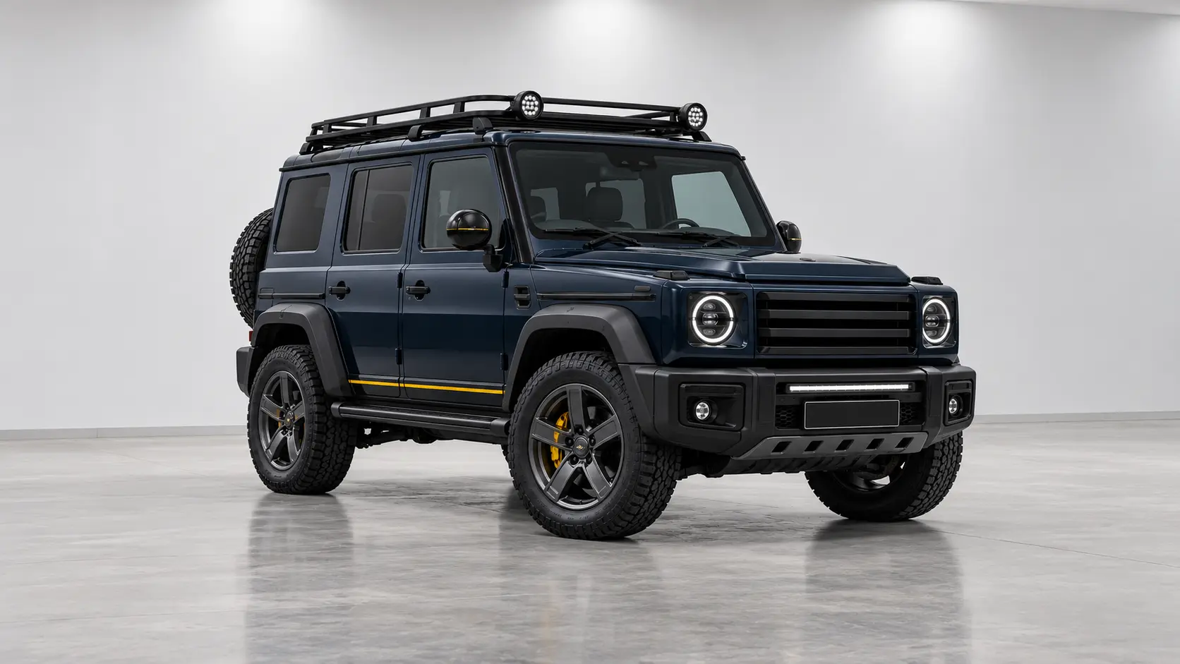 Built Whipzo Rover in midnight navy wrap with 18-inch forged alloys and light bar